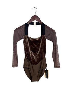 NWT Bodile Valentina Leotard- Brown, Velvet Bodice and Sheer Sleeves Sz. XS/S